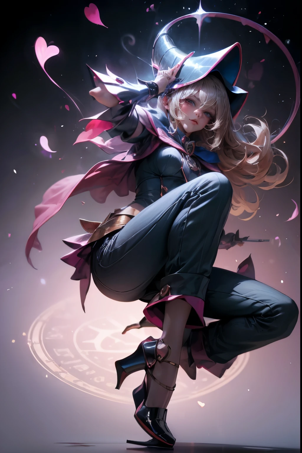 dark magician gils, with high-heels. pants, sexy, Subjective and sensual pose. magic background. Magical heart in the air. magic circle