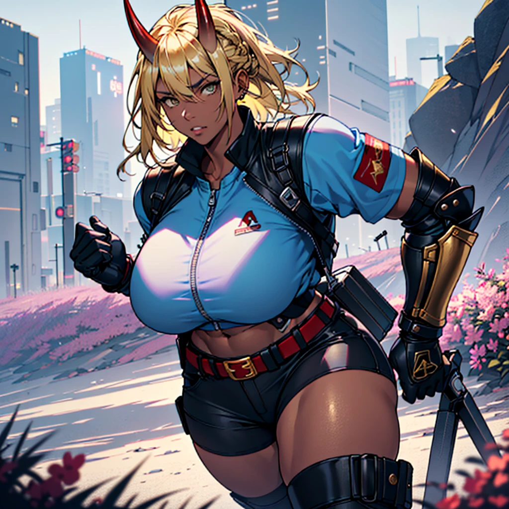 ((best quality)), ((masterpiece)), (detailed), 1girl, 8k_wallpaper, extremely detailed eyes, extremely detailed body, beautiful face, perfect face, detailed ((blonde hair)), (gold eyes), ((large big red and blue horns)), {{dark skin}}, ({dark skinned female}), gigantic breasts, thick thighs, strong arm and leg muscles, strong abdominal muscles, Monster women, Korean women, wearing a modern short black cloth jacket with rolled up sleeves, (wearing heavy gold colored steel cyberpunk armor), a wide red leather belt with blue steel yarn, steel boots, steel thigh guards, a military radio hangs on her belt, a biker girl, she rides on another planet along a lilac field against the backdrop of a blue desert and high red mountains,