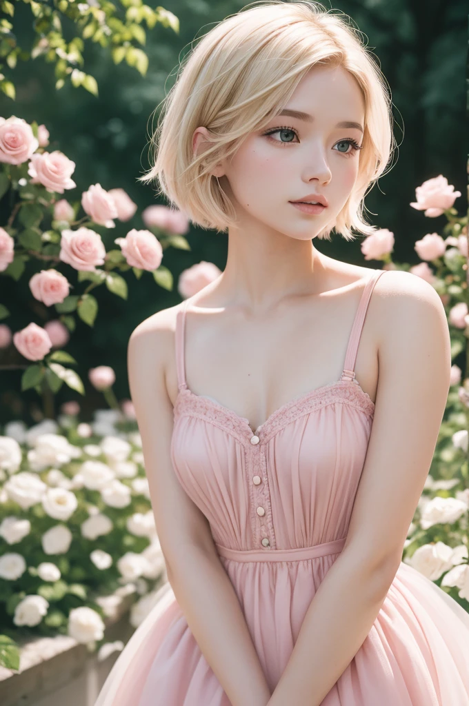 8K, CRU photo, Fujifilm, style photo of a beautiful young woman like Avril in a light pink rose garden (highly detailed skin: 1.2) Style-Petal BREAK short hair, blonde hair with colored highlights, wearing a dress, film grain, 35mm, cute style