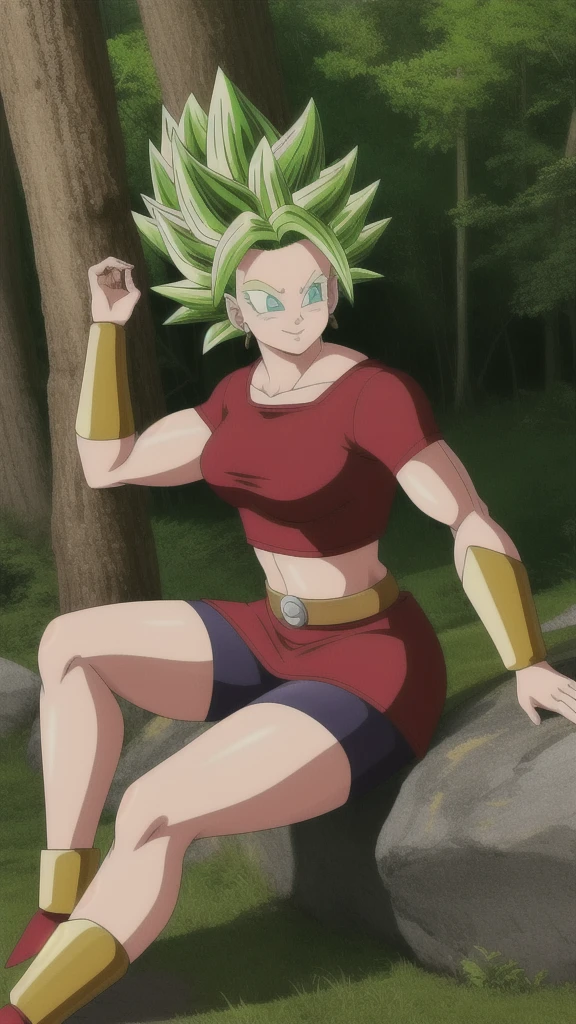 kalessj, 1girl, solo, aqua eyes, green hair, spiked hair, super saiyan, earrings,
red shirt, crop top, short sleeves, wristband, red skirt, bike shorts, vambraces, miniskirt, shorts under skirt, midriff, belt,
smile,closed mouth,cowboy shot,sitting,
forest,outdoor,
(insanely detailed, beautiful detailed face, masterpiece, best quality) cinematic lighting,