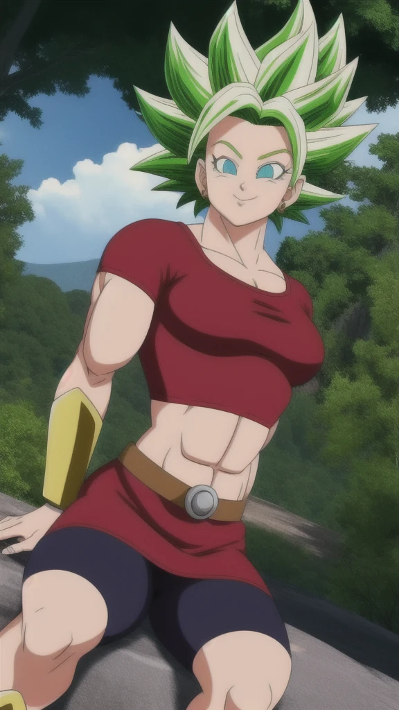 kalessj, 1girl, solo, aqua eyes, green hair, spiked hair, super saiyan, earrings,
red shirt, crop top, short sleeves, wristband, red skirt, bike shorts, vambraces, miniskirt, shorts under skirt, midriff, belt,
smile,closed mouth,cowboy shot,sitting,
forest,outdoor,
(insanely detailed, beautiful detailed face, masterpiece, best quality) cinematic lighting,