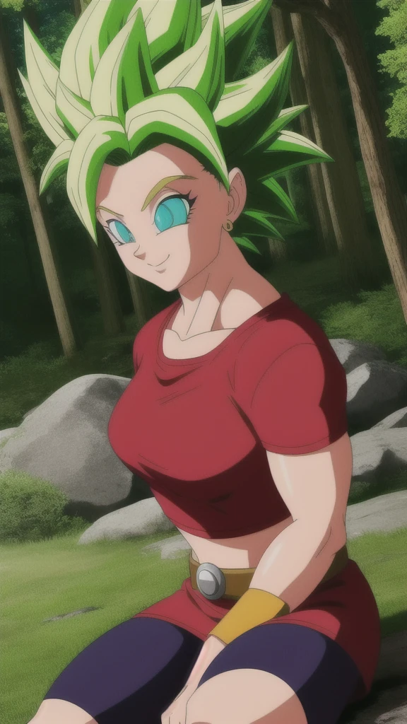 kalessj, 1girl, solo, aqua eyes, green hair, spiked hair, super saiyan, earrings,
red shirt, crop top, short sleeves, wristband, red skirt, bike shorts, vambraces, miniskirt, shorts under skirt, midriff, belt,
smile,closed mouth,cowboy shot,sitting,
forest,outdoor,
(insanely detailed, beautiful detailed face, masterpiece, best quality) cinematic lighting,