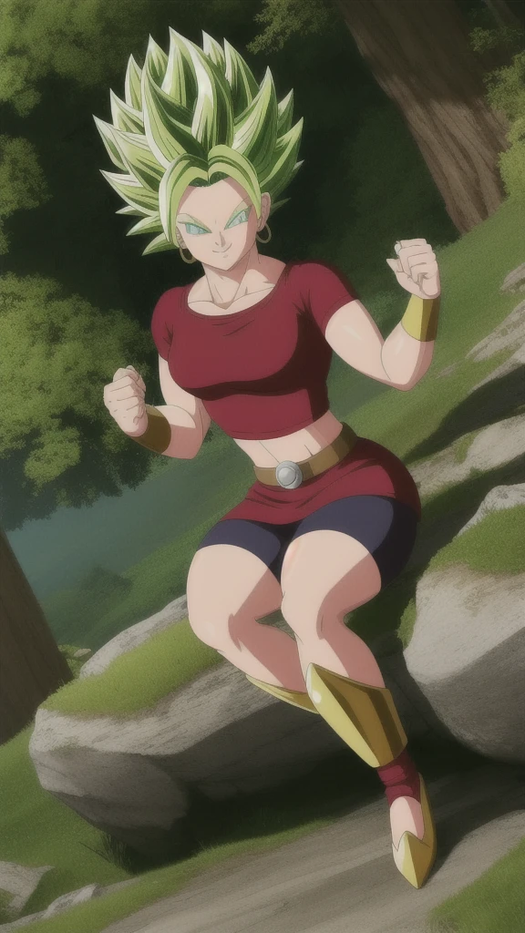 kalessj, 1girl, solo, aqua eyes, green hair, spiked hair, super saiyan, earrings,
red shirt, crop top, short sleeves, wristband, red skirt, bike shorts, vambraces, miniskirt, shorts under skirt, midriff, belt,
smile,closed mouth,cowboy shot,sitting,
forest,outdoor,
(insanely detailed, beautiful detailed face, masterpiece, best quality) cinematic lighting,