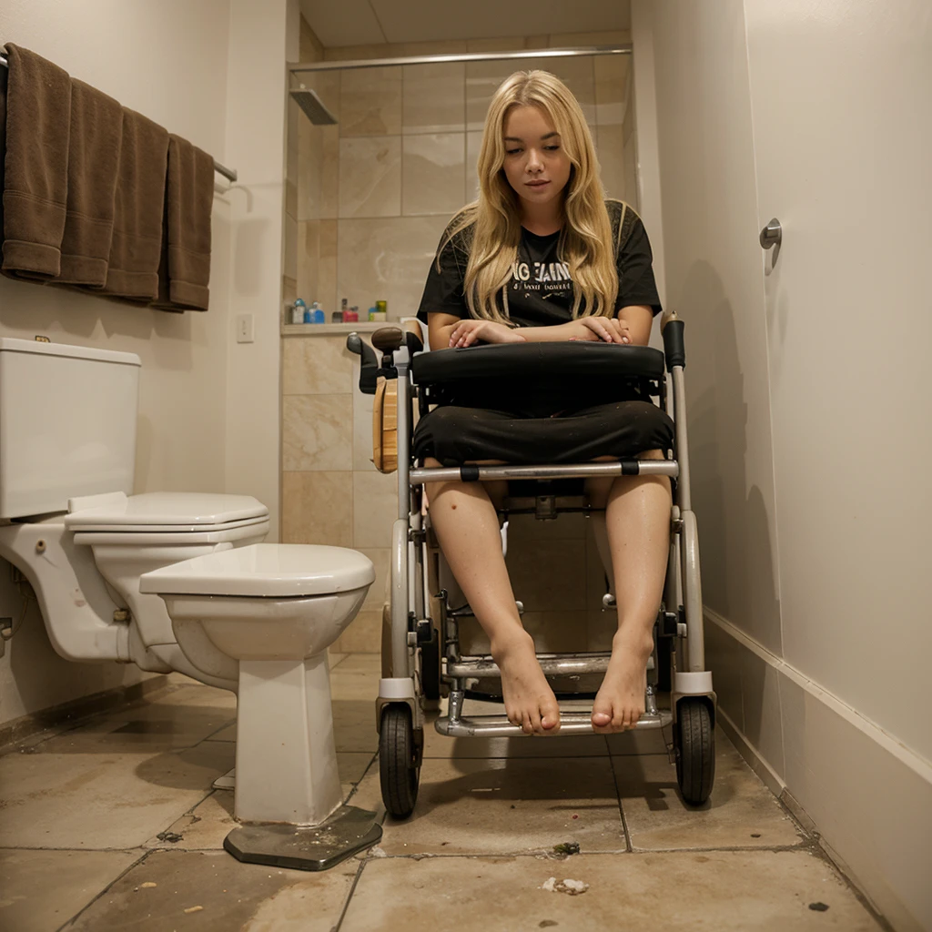 Blonde girl in wheelchair, in bathroom, defecating, fecal stained pants, excrement in the wheelchair
