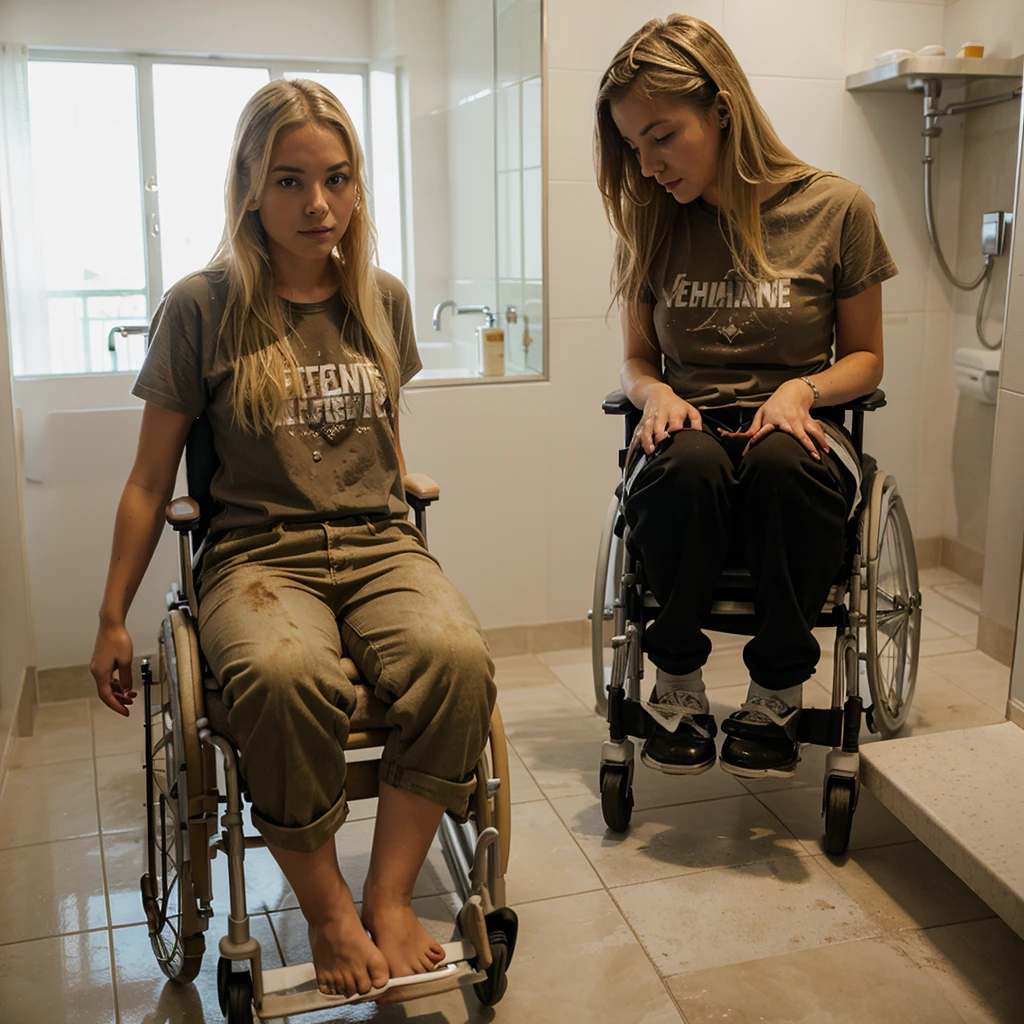 Blonde girl in wheelchair, in bathroom, defecating, fecal stained pants, excrement in the wheelchair