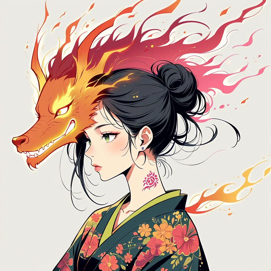 (A world of neon lights:1.5) The woman trembled with anger、Gives off an aura of neon. A neon-like aura of anger envelops her. (A glowing neon dragon tattoo:1.6) on his back glows from a worn-out kimono. For dragon tattoos、It has the power to go out into the world. (flat tinted artwork)(stylish design )(top quality)(simple)(super flat)(contemporary art)(flat and many margins)