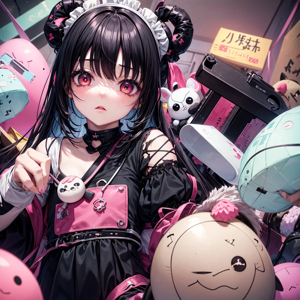 A creative animated illustration of a girl in Menhera style, with a dark and kawaii touch. She wears a with medical details like bandages and patches, and is surrounded by elements that mix tenderness with the disturbing., like torn stuffed animals and pastel colored syringes.
