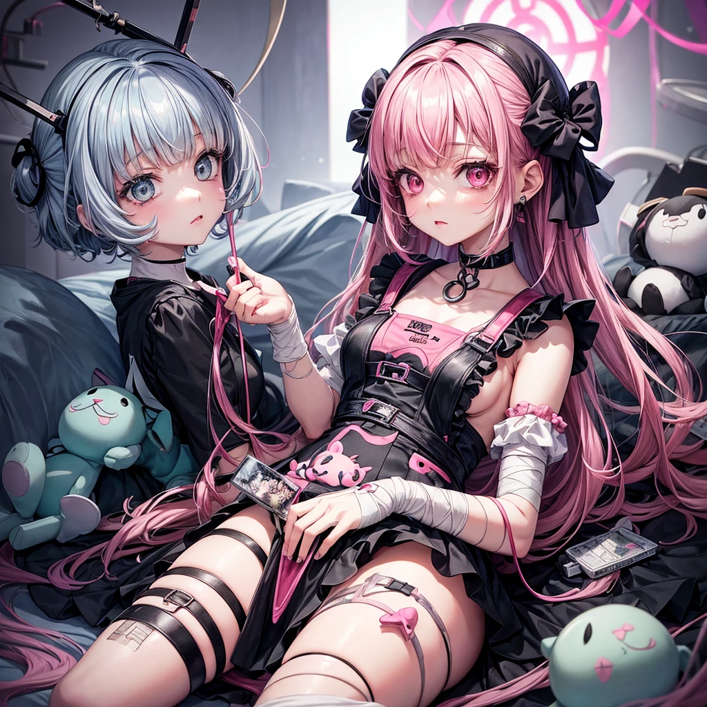 A creative animated illustration of a girl in Menhera style, with a dark and kawaii touch. She wears a  with medical details like bandages and patches, and is surrounded by elements that mix tenderness with the disturbing., like torn stuffed animals and pastel colored syringes.