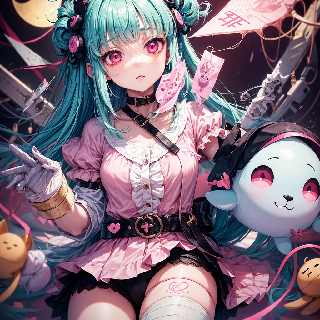 A creative animated illustration of a girl in Menhera style, with a dark and kawaii touch. She wears a with medical details like bandages and patches, and is surrounded by elements that mix tenderness with the disturbing., like torn stuffed animals and pastel colored syringes.