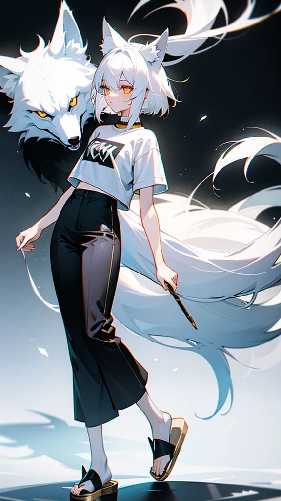 wolf girl white hair white wolf ears maximum resolution eyes Gold and black t-shirt black pants and white wolf tail have two white slippers