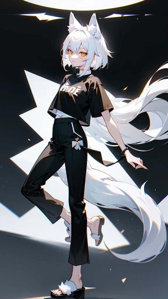 wolf girl white hair white wolf ears maximum resolution eyes Gold and black t-shirt black pants and white wolf tail have two white slippers