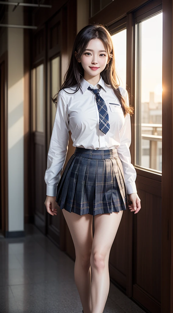 (of the highest quality:1.4), (Hyper quality), (super detailedな), 1 beautiful girl, Lovely, wonderful face and eyes, (very shy face), (Not looking here), (school uniform, plaid pleated mini skirt:1.5),  the uniform is not exposed, (Beautiful and incredibly large breasts.:1.3), (under the chest:1.3), (Skinny body:1.1), (Composition seen from the side), (long and thin legs), (standing with beautiful inner thighs:1.2), (thin waist), real fur texture, (hits), bright and shiny lips, Beautiful Advent Goddess, beautiful background, golden ratio, conceptual art, super detailed, necessary, advanced details, exterior, attractive art, surrounded by a beautiful sunset, bright light, Super delicate illustration details., Highly detailed CG integrated 8k wallpaper, photo and gross, Professional pictures, cinematic lighting, Depth of written limits, (not good:1.2), (Nipple bumps lift uniform.), (Nipple shape protrudes through uniform.:1.3), Very cropped shirt showing waist and breasts,, (High heels with bare feet:1.1),big smile,alen4_kryukova