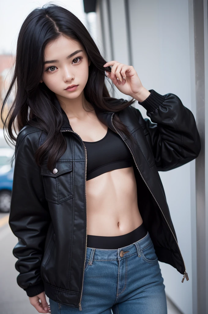 photograph of a 20 year old woman, face perfect, OGood de arte, Good, Underwear, blackw_Good, jaket, blackw_knickers