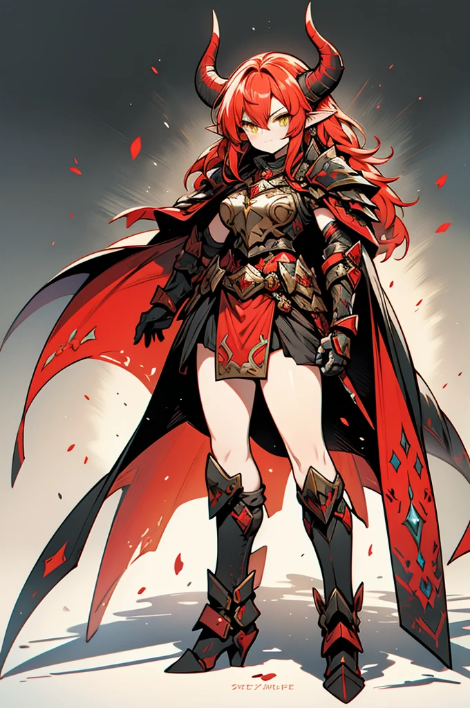 female elf dragonoid knight, pointy ears, skin dracônic scales, adorned full plate armor, Yellow eyes, fire red hair, Adorned black cape, full body art full deatailed, majestic dragon horns.