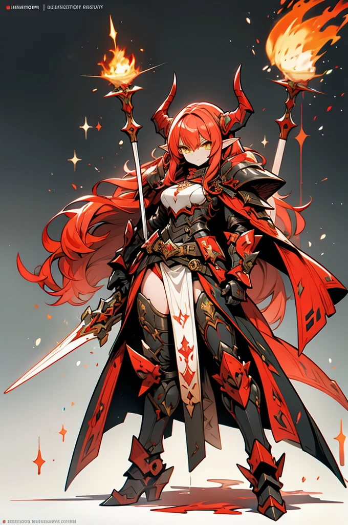 female elf dragonoid knight, pointy ears, skin dracônic scales, adorned full plate armor, Yellow eyes, fire red hair, Adorned black cape, full body art full deatailed, majestic dragon horns.