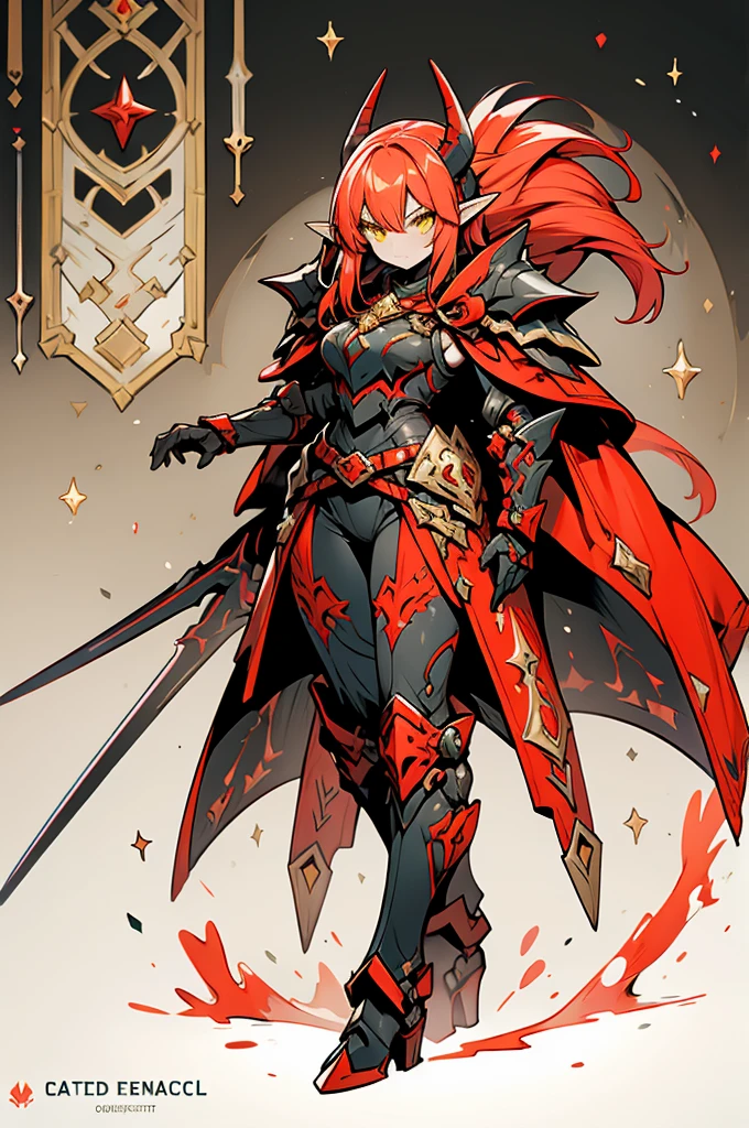 female elf dragonoid knight, pointy ears, skin dracônic scales, adorned full plate armor, Yellow eyes, fire red hair, Adorned black cape, full body art full deatailed, majestic dragon horns.