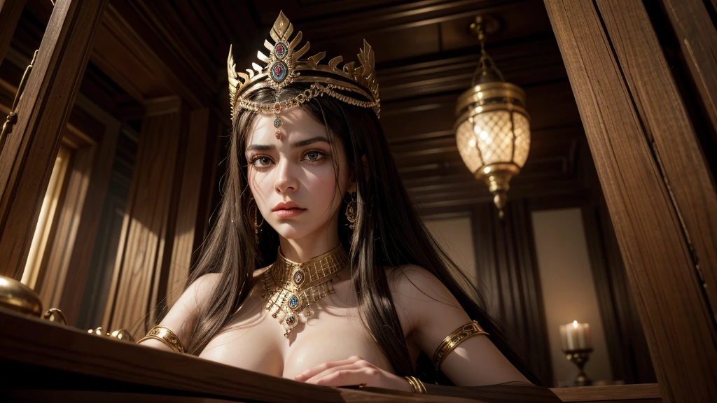 Create for me the image of the great queen Vashti of ancient Persia, about 25 years old, in her chambers with a look of anger. I want a high-definition, 8k image with no defects in my hands.