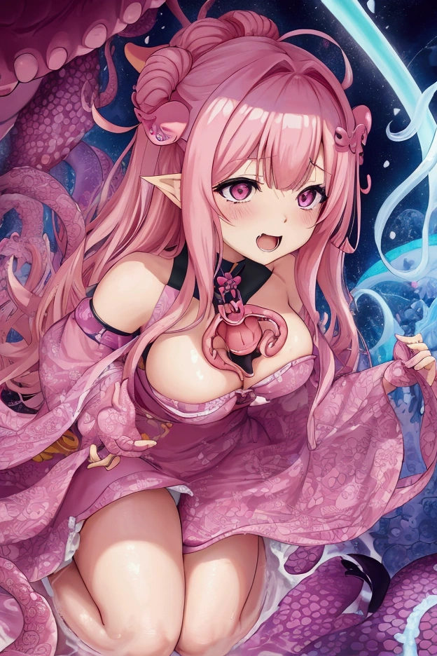 anime girl with pink hair and a purple dress holding a pink octopus, Fine details. anime. Tentacles, some Tentacles are touching her, Tentacles around, covered with Tentacles, Woman in pink, splash art anime , digital art on Pixiv, Pixiv, From the Azur Lane video game, anime fantasy illustration、Tentaclesが女性期に挿入されている、Tentaclesが乳首に吸い付いている、Woman panting、A woman is enjoying herself、rape、Being tormented、Tentaclesは全て敵、Erotic