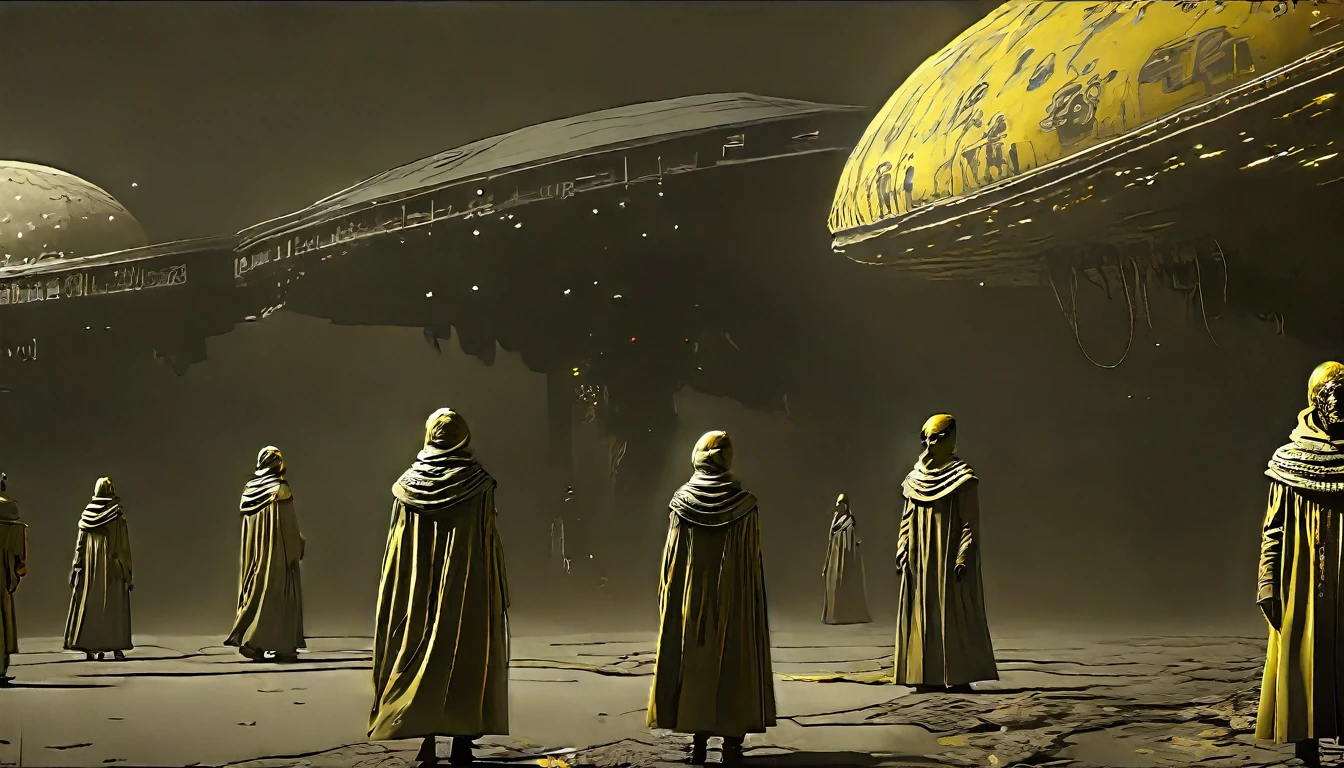 in (medium full shot:3.1), in (side view:3.1) of lot of characters walking from (Galaxy of Terror:3.1), inspired by style of Zdzislaw Beksinski art, with yellow sky, in apocalypse of chaotic world, monsters, robots, daemons, aliens, mutant  (with Creepy, Sci-Fi, Fantasy and Horror:2.9) retro sci fi, Horror movie, ((Cinematic film)), ((Ultra Detailed)), Complex, ((Sharp Focus)), Object Texture, Studio Photo, Complex Details, ((Highly Detailed)), Photo Real Style, ((Hyper-realistic)), High Dynamic Range, ((Realistic Textures)), 8K UHD, Nikon D 850, Kodak Portra 400, Fujifilm XT, ((3D rendering))