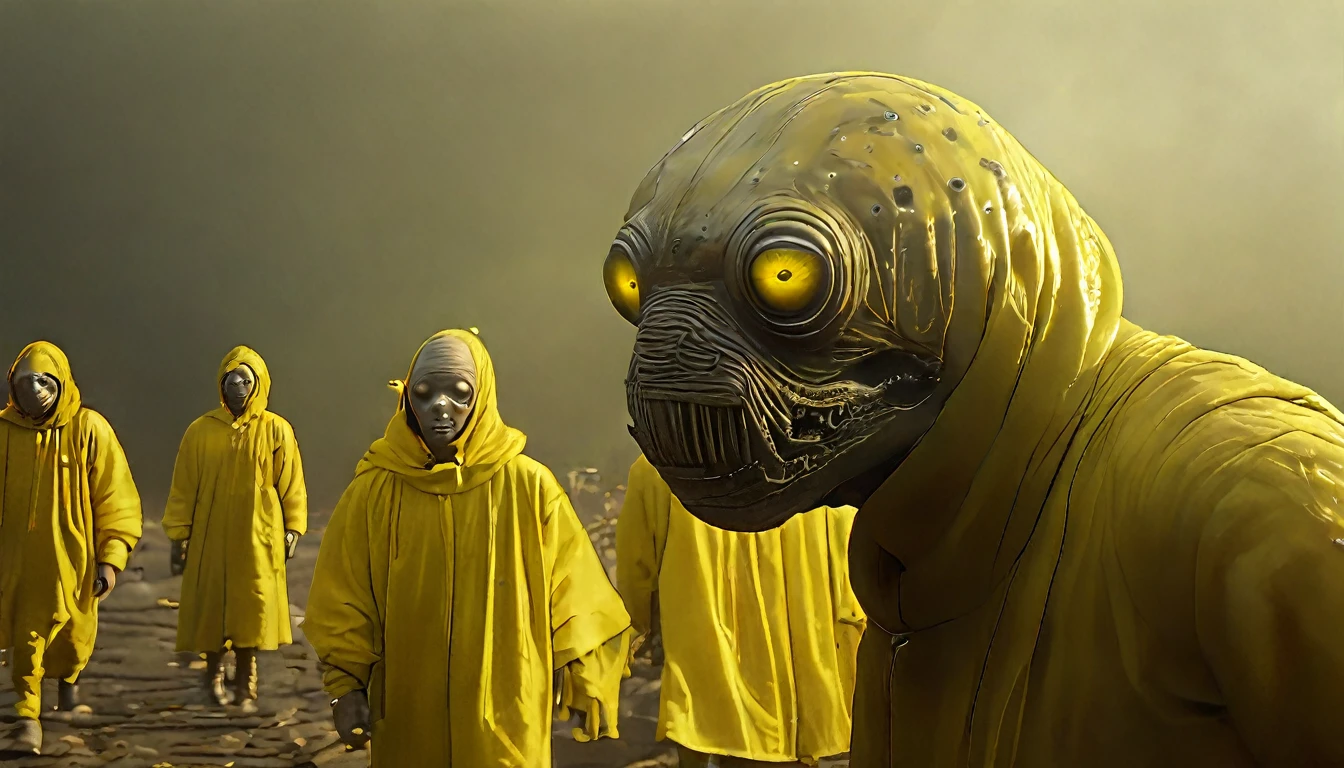 in (medium full shot:3.1), in (side view:3.1) of lot of characters walking from (Galaxy of Terror:3.1), inspired by style of Zdzislaw Beksinski art, with yellow sky, in apocalypse of chaotic world, monsters, robots, daemons, aliens, mutant (with Creepy, Sci-Fi, Fantasy and Horror:2.9) retro sci fi, Horror movie, ((Cinematic film)), ((Ultra Detailed)), Complex, ((Sharp Focus)), Object Texture, Studio Photo, Complex Details, ((Highly Detailed)), Photo Real Style, ((Hyper-realistic)), High Dynamic Range, ((Realistic Textures)), 8K UHD, Nikon D 850, Kodak Portra 400, Fujifilm XT, ((3D rendering))