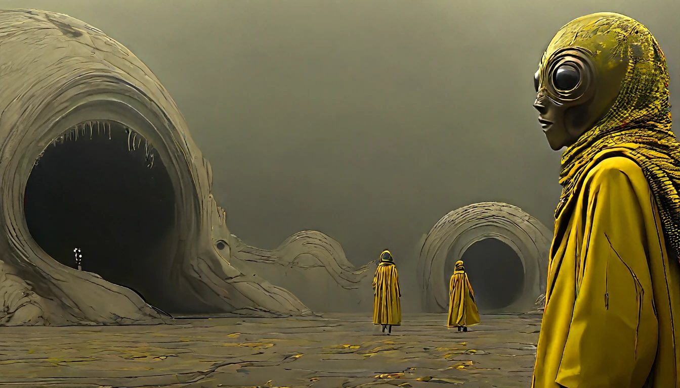 in (medium full shot:3.1), in (side view:3.1) of lot of characters walking from (Galaxy of Terror:3.1), inspired by style of Zdzislaw Beksinski art, with yellow sky, in apocalypse of chaotic world, monsters, robots, daemons, aliens, mutant (with Creepy, Sci-Fi, Fantasy and Horror:2.9) retro sci fi, Horror movie, ((Cinematic film)), ((Ultra Detailed)), Complex, ((Sharp Focus)), Object Texture, Studio Photo, Complex Details, ((Highly Detailed)), Photo Real Style, ((Hyper-realistic)), High Dynamic Range, ((Realistic Textures)), 8K UHD, Nikon D 850, Kodak Portra 400, Fujifilm XT, ((3D rendering))