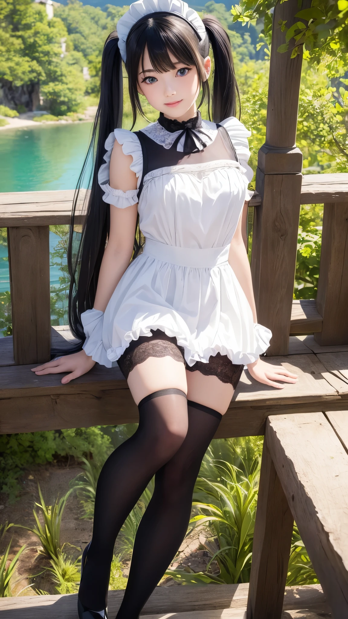 ((masterpiece)), ((highest quality、Ultra high definition)), (Very detailed),8K、Photo quality、((Amazingly cute girl)),16-year-old girl)), Two people, , (Beautiful emerald blue eyes), ((smile)),In the open-air bath overlooking the sea, Beautifully arranged black hair in twin tails、whole body、Cute lolita maid style swimsuit))、Professional Lighting、(White lace knee-highore detailed and beautiful)、(More details and cutenesore realistic)、(((Just wear light clothing)))、プールではしゃぐ、