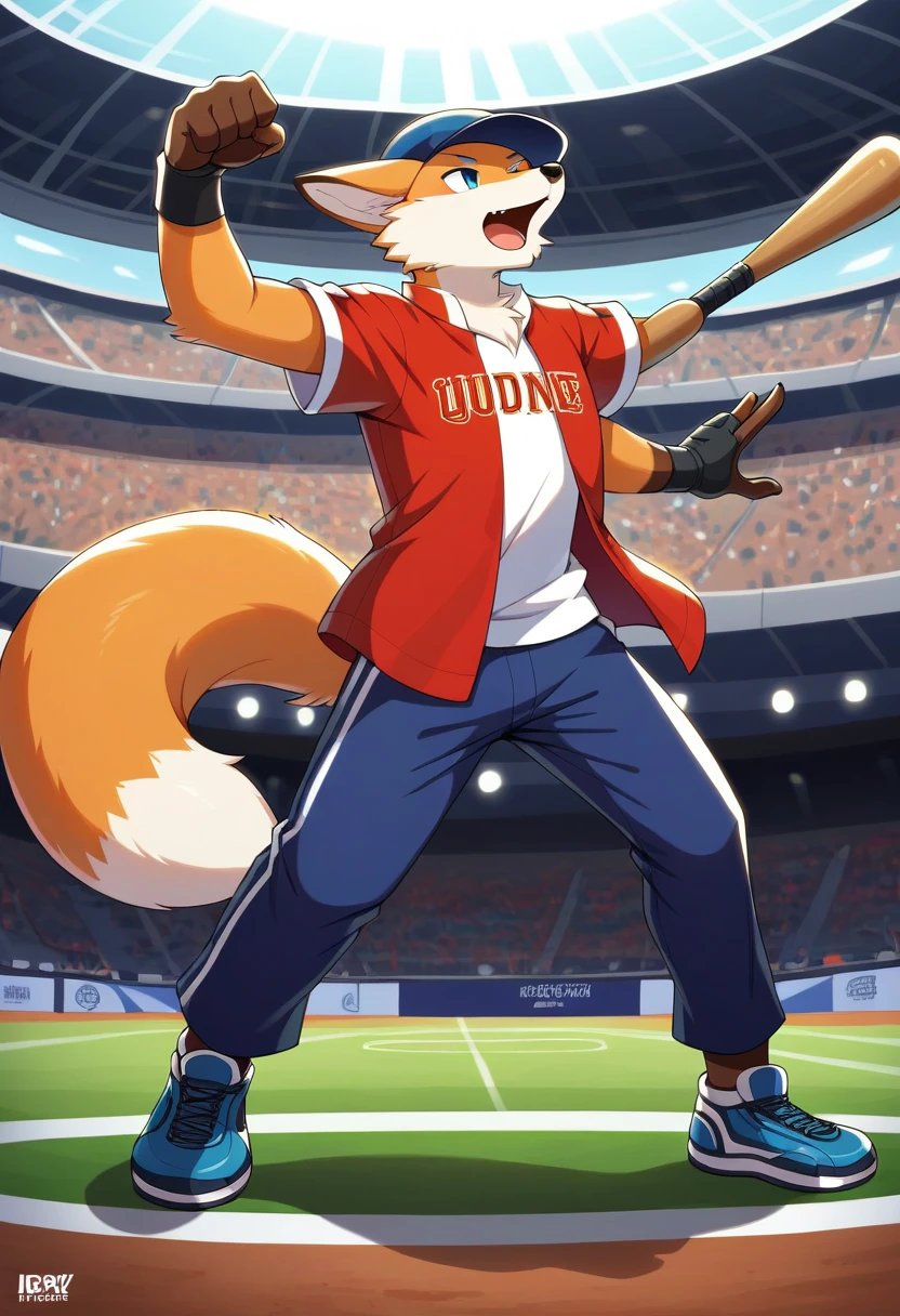 ((Masterpiece)), ((Best Quality)), (Very Detailed), ((Very Detailed)), 4K, (8K), very aesthetic, absurdres highres, 1man, (anthropomorphic fox, furry, kemono:1.8), Baseball player, batting, swinging bat, red uniform, helmet, glove, stadium, crowd, scoreboard, daytime, sunlight, shadow, team logo, jersey number, energy, concentrated expression, cheering crowd, stadium structure