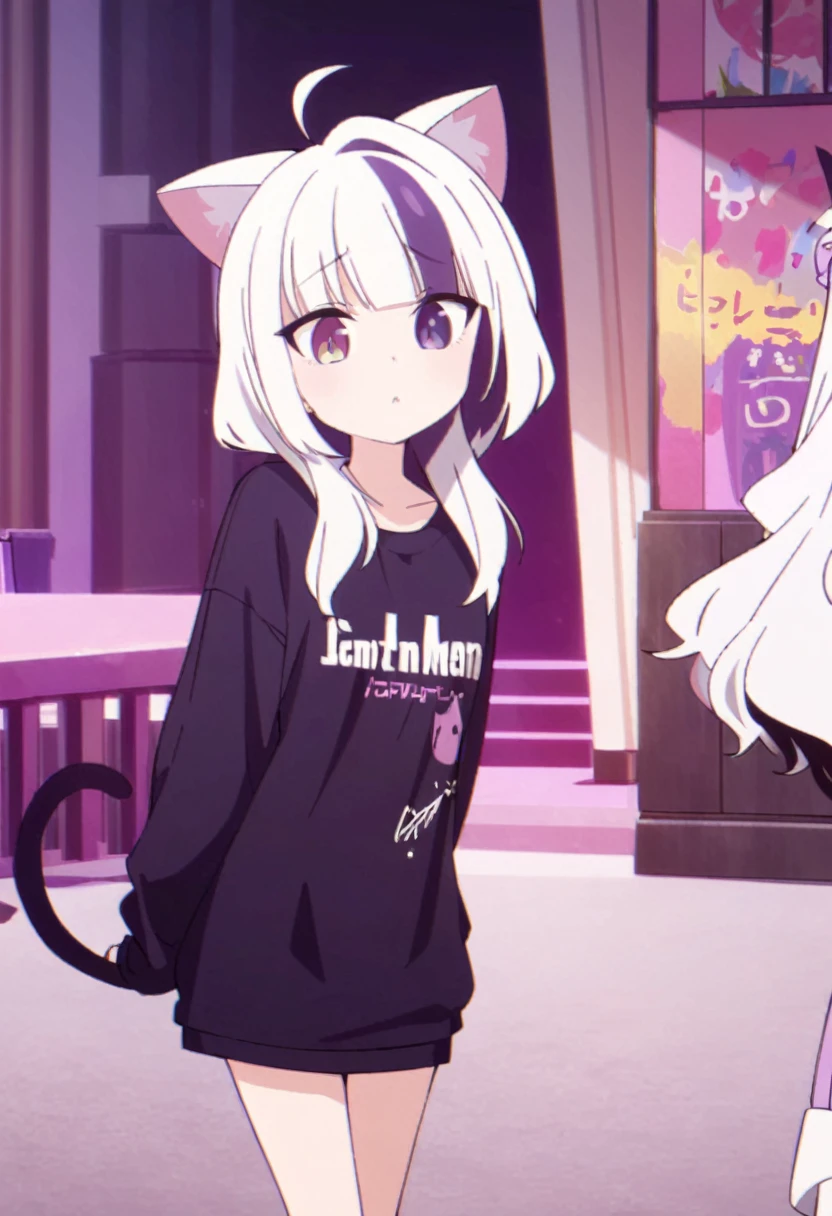 Make a man, 2d with female features white hair, cat ears and tail the same color as the hair, casual purple and white femboy outfits, Light purple eyes mixed with dark feminine features, artwork style:Masayoshi Tanaka