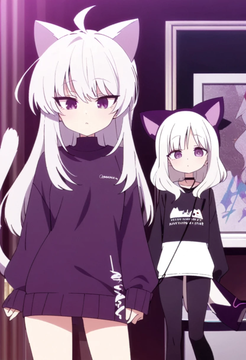 Make a man, 2d with female features white hair, cat ears and tail the same color as the hair, casual purple and white femboy outfits, Light purple eyes mixed with dark feminine features, artwork style:Masayoshi Tanaka