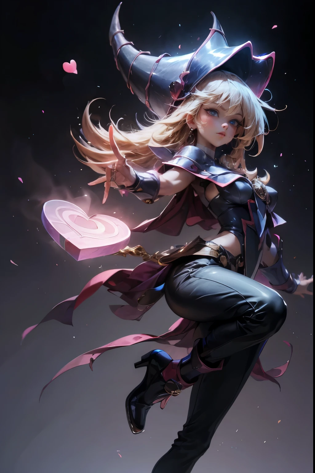 dark magician gils, with high-heels. pants,  sexy, Subjective and sensual pose. magic background. Magical heart in the air. magic circle 