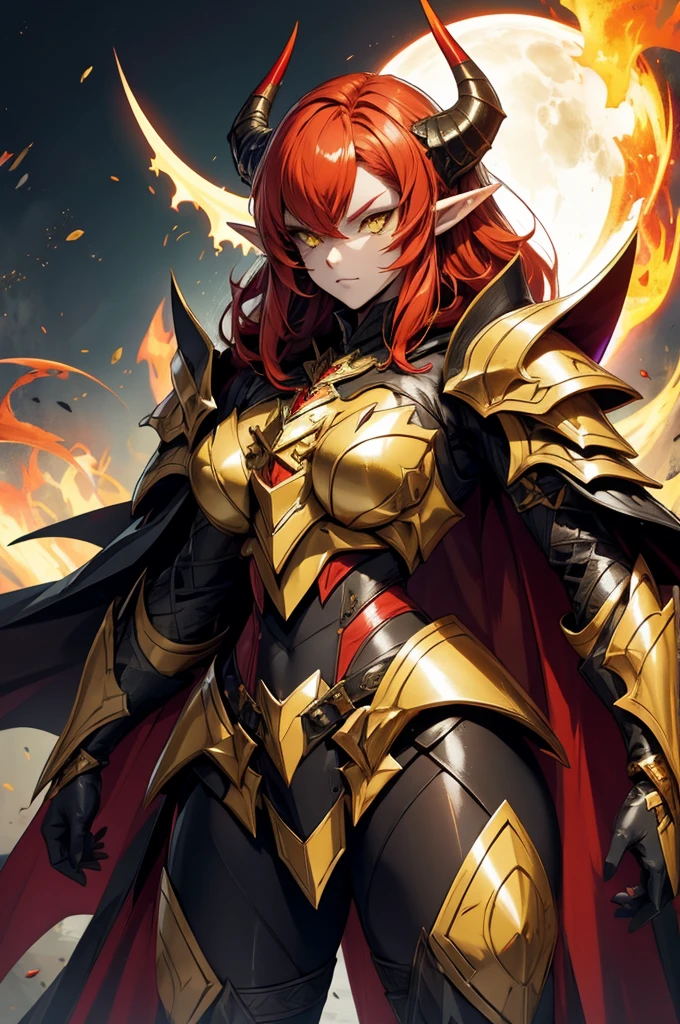 female elf dragonoid knight, pointy ears, skin dracônic scales, adorned full plate armor, Yellow eyes, fire red hair, Adorned black cape, full body art full deatailed, majestic dragon horns.