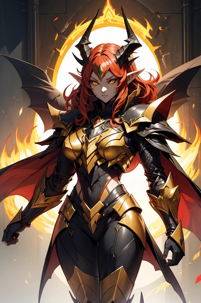 female elf dragonoid knight, pointy ears, skin dracônic scales, adorned full plate armor, Yellow eyes, fire red hair, Adorned black cape, full body art full deatailed, majestic dragon horns.