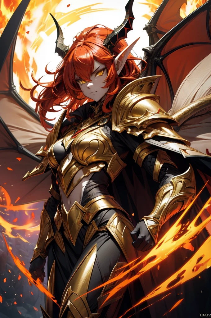 female elf dragonoid knight, pointy ears, skin dracônic scales, adorned full plate armor, Yellow eyes, fire red hair, Adorned black cape, full body art full deatailed, majestic dragon horns.