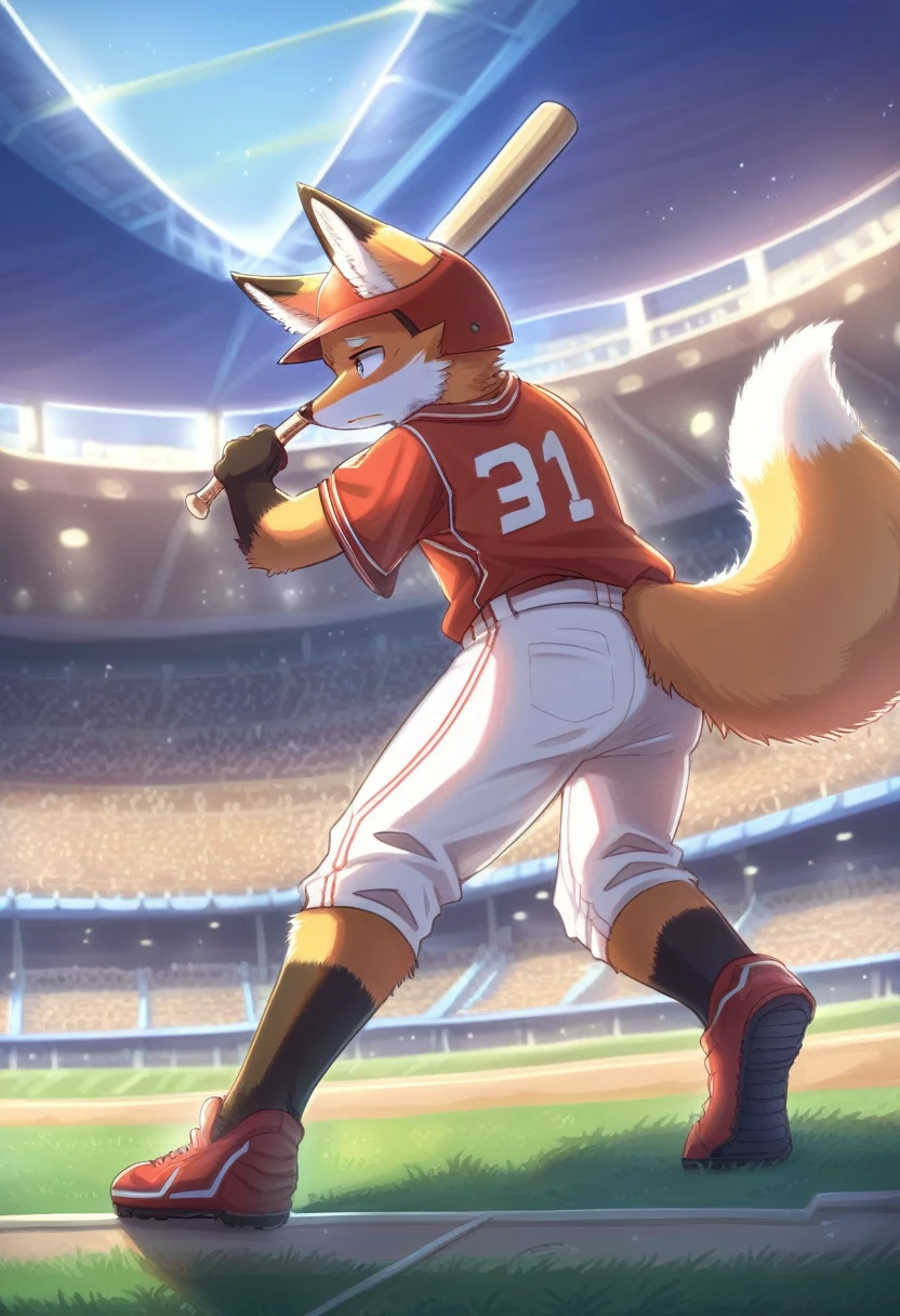 ((Masterpiece)), ((Best Quality)), (Very Detailed), ((Very Detailed)), 4K, (8K), very aesthetic, absurdres highres, 1man, (anthropomorphic dog, furry, kemono:1.8), Baseball player, batting, swinging bat, red uniform, helmet, glove, stadium, crowd, scoreboard, daytime, sunlight, shadow, team logo, jersey number, energy, concentrated expression, cheering crowd, stadium structure
