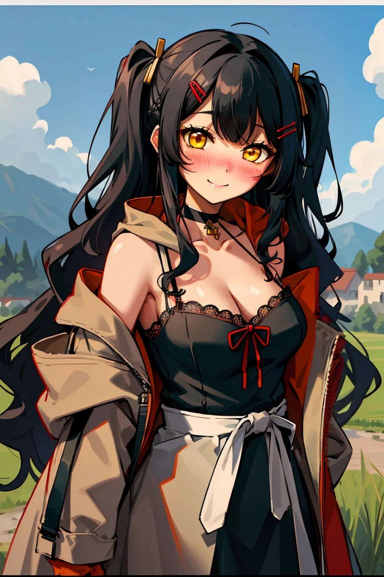 (masterpiece:1.2), (high quality:1.2), hui xiyi, rekkyo sensen, rekkyou sensen, girls with((1girl, solo, black hair, yellow eyes, (wavy long hair, one side up, hairclips:1.3), bare shoulder, blush, breasts, black choker, cleavage, coat, cowboy shot, blue lace dress, camisole, ribbon waist belt, black ribbon belt, red bow, red ribbon, neck ribbon, collar, collarbone, rosary, rosary choker, cross, fur, fur trim, parka, khaki hoodie, green hoodie, khaki jacket, hood down, hooded coat, hooded jacket, hoodie, jacket, large breasts, long sleeves, medium breasts, open clothes, open coat,open hoodie, sleeveless, winter clothes, zipper, cleavage, upper body, hand up, waving, palm)), background with((architecture, blue sky, bush, castle, village, no humans, cloud, cloudy sky, day, field, garden, grass, hill, house, lamppost, landscape, mountain, mountainous horizon, nature, no humans, outdoors, scenery, shrine, sky))