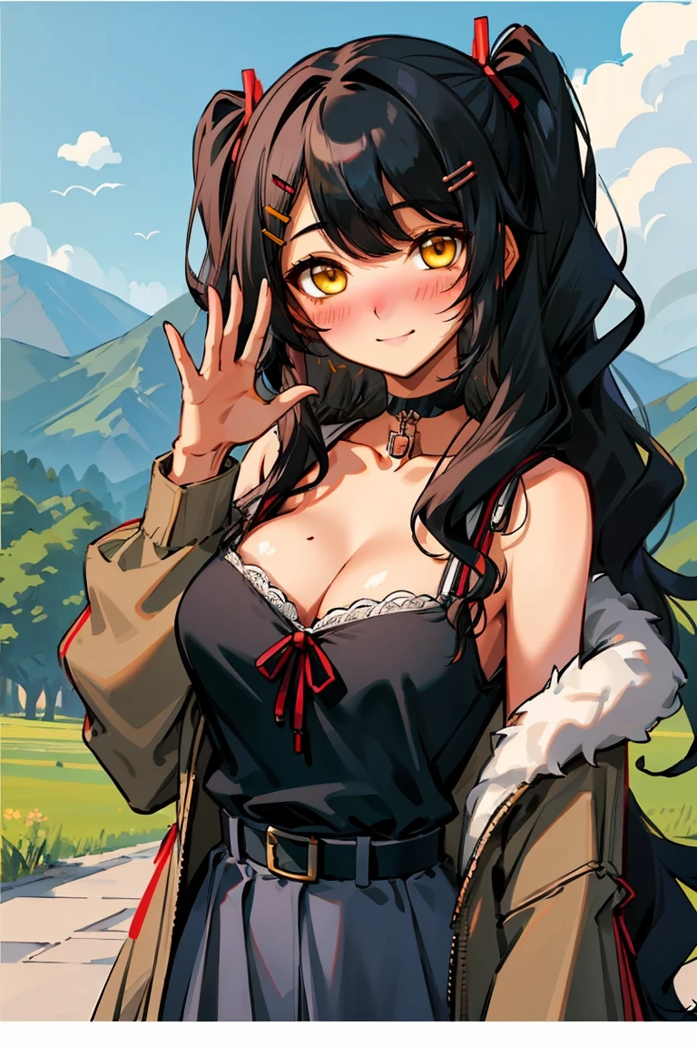 (masterpiece:1.2), (high quality:1.2), hui xiyi, rekkyo sensen, rekkyou sensen, girls with((1girl, solo, black hair, yellow eyes, (wavy long hair, one side up, hairclips:1.3), bare shoulder, blush, breasts, black choker, cleavage, coat, cowboy shot, blue lace dress, camisole, ribbon waist belt, black ribbon belt, red bow, red ribbon, neck ribbon, collar, collarbone, rosary, rosary choker, cross, fur, fur trim, parka, khaki hoodie, green hoodie, khaki jacket, hood down, hooded coat, hooded jacket, hoodie, jacket, large breasts, long sleeves, medium breasts, open clothes, open coat,open hoodie, sleeveless, winter clothes, zipper, cleavage, upper body, hand up, waving, palm)), background with((architecture, blue sky, bush, castle, village, no humans, cloud, cloudy sky, day, field, garden, grass, hill, house, lamppost, landscape, mountain, mountainous horizon, nature, no humans, outdoors, scenery, shrine, sky))