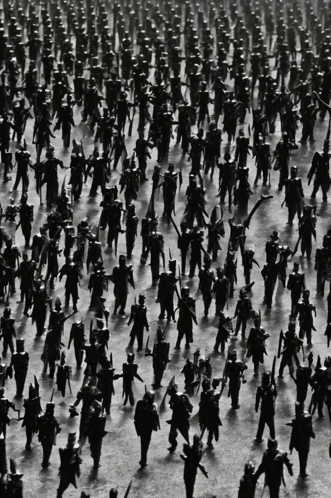 (((dark figures))), (((army))) of dark figures, (((many))) dark figures, marching ((toward the camera)), (barren landscape)