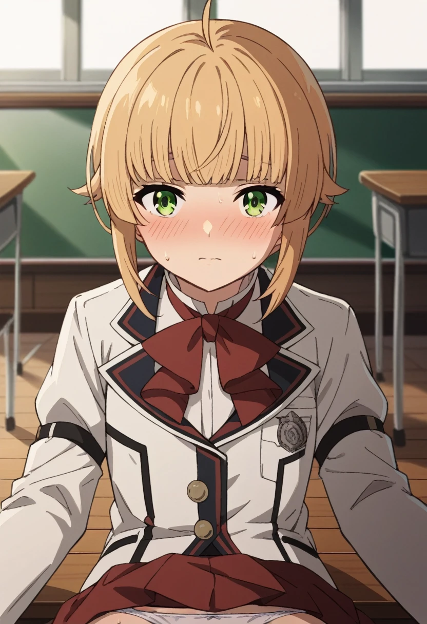 NSFW,POV,looking at viewer,
norngreyrat, norn greyrat, bangs, blonde hair, green eyes, ahoge,
long sleeves, bow,jacket, bowtie, red bow, skirt, red skirt, white jacket,
indoors, classroom, (embrassing,blush:1.2),(vapor:0.8),(Wet:0.8),(Sweat:0.8),lying,skirt lift,show off your panties