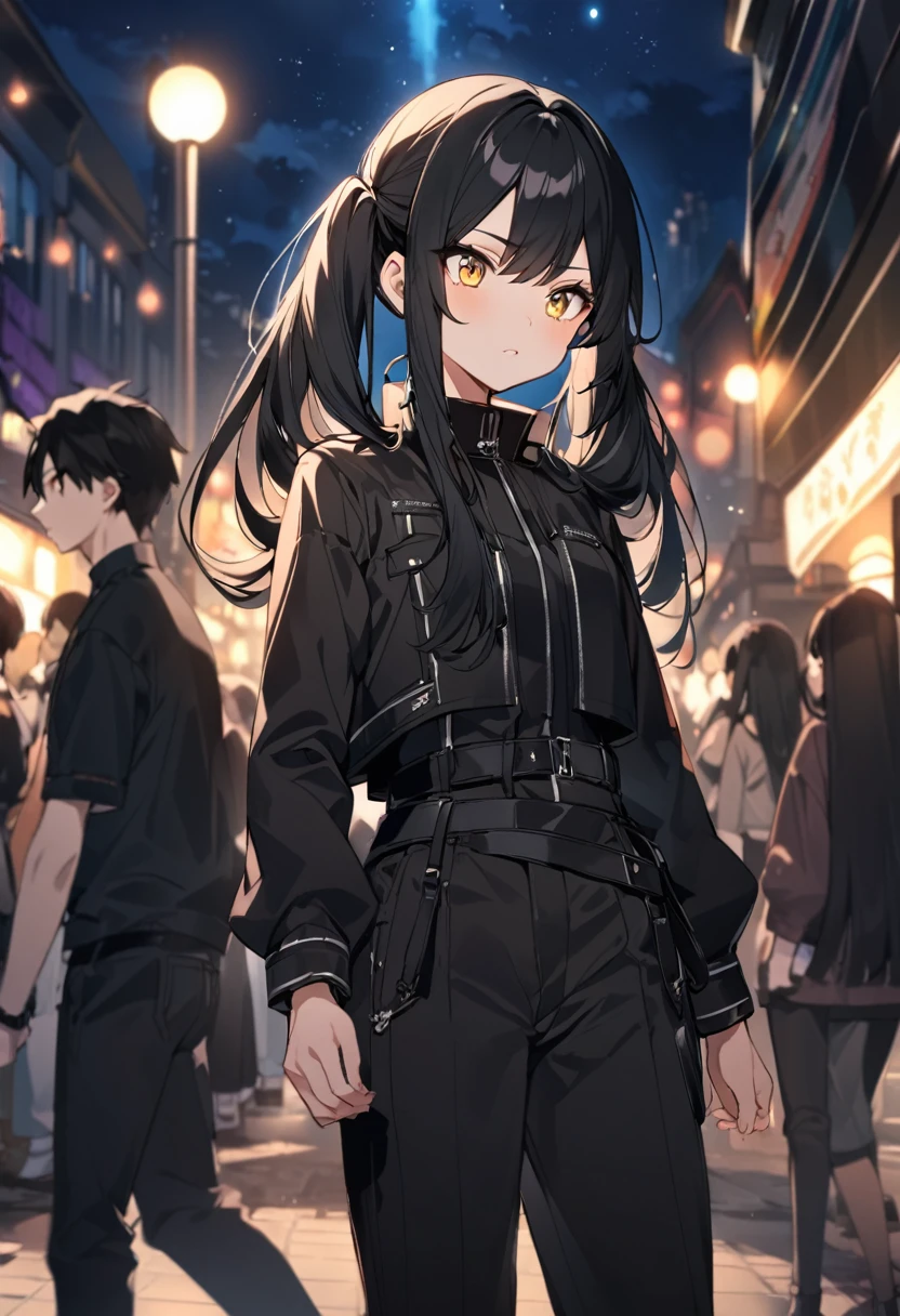 anime anime - a girl with long black hair, long black hair, long, long black long black hair black long black hair black, anime, anime girl anime dress black, anime female, twintails, yellow eyes, long hair, pants, solo focus, 1girl, black hair, long sleeves, night, jacket, black pants, outdoors