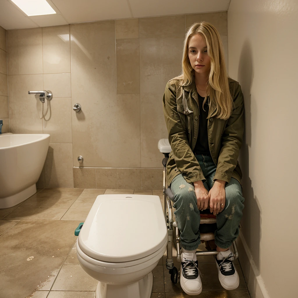 Blonde girl in wheelchair, in bathroom, defecating, fecal stained pants, excrement on his pants