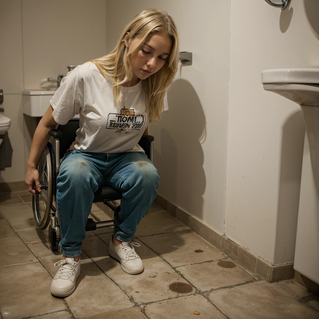 Blonde girl in wheelchair, in bathroom, defecating, fecal stained pants, excrement on his pants