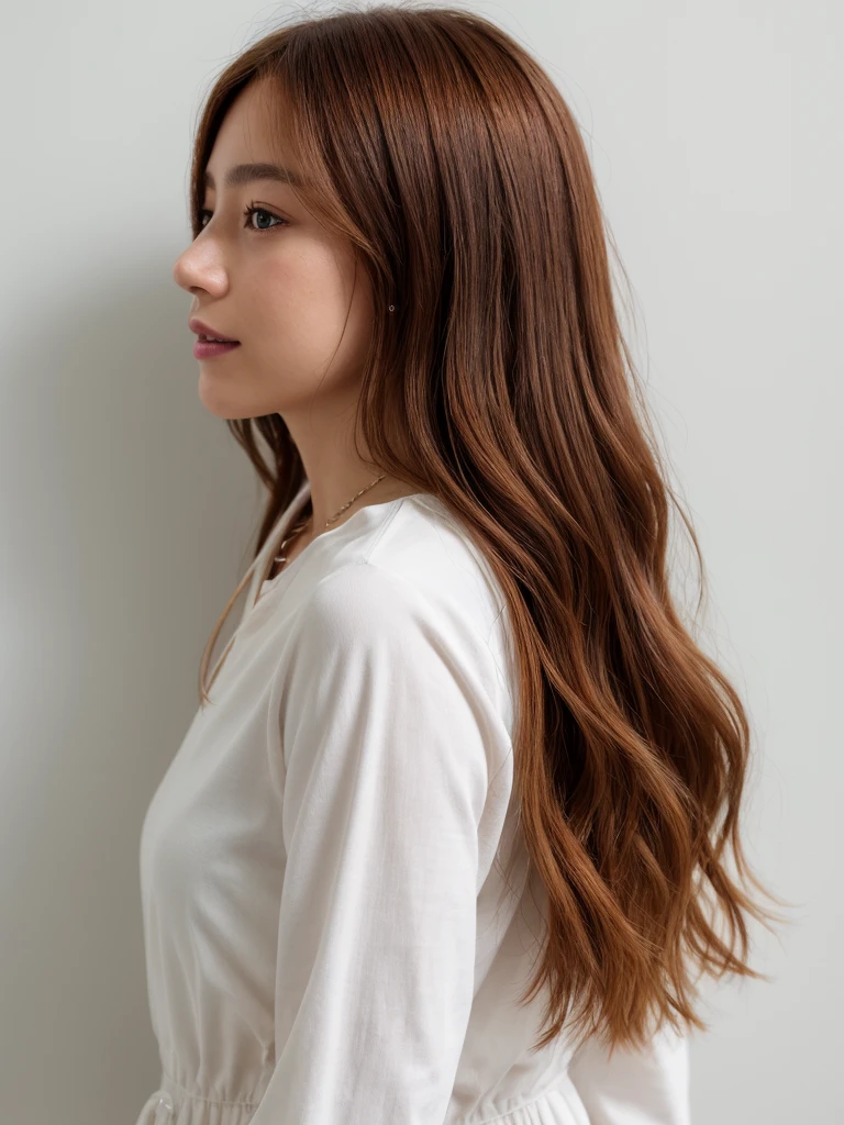 table top、(8K、Raw photo、highest quality、masterpiece:1.2)、face down、look down、white wall、Taken in front of the white door、Light orange long sleeve dress Beautiful shiny hair、High-definition RAW color photo、professional photos、(realistic、photo realistic:1.37)、Photographed in natural light、1 girl、laughter、various poses、break (ombre:1.3) 、spring clothes、simple necklace、(Beautiful profile:1.3)、Don&#39;don&#39;t look at the camera、profile、((Hair color is dark brown))