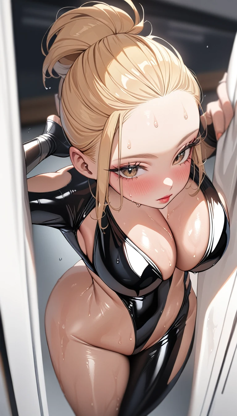 1girl,solo,super detailed skin,shiny skin,wet skin,natural face,eyelashes,lips ,blonde hair,asymmetrical bangs pinned back,forehead,large breasts,vinyl bodysuit,ninja costume,kunoichi,standing,cowboy shot,simple background,masterpiece,best quality,ultra detailed,high resolution,sharp focus,depth of field