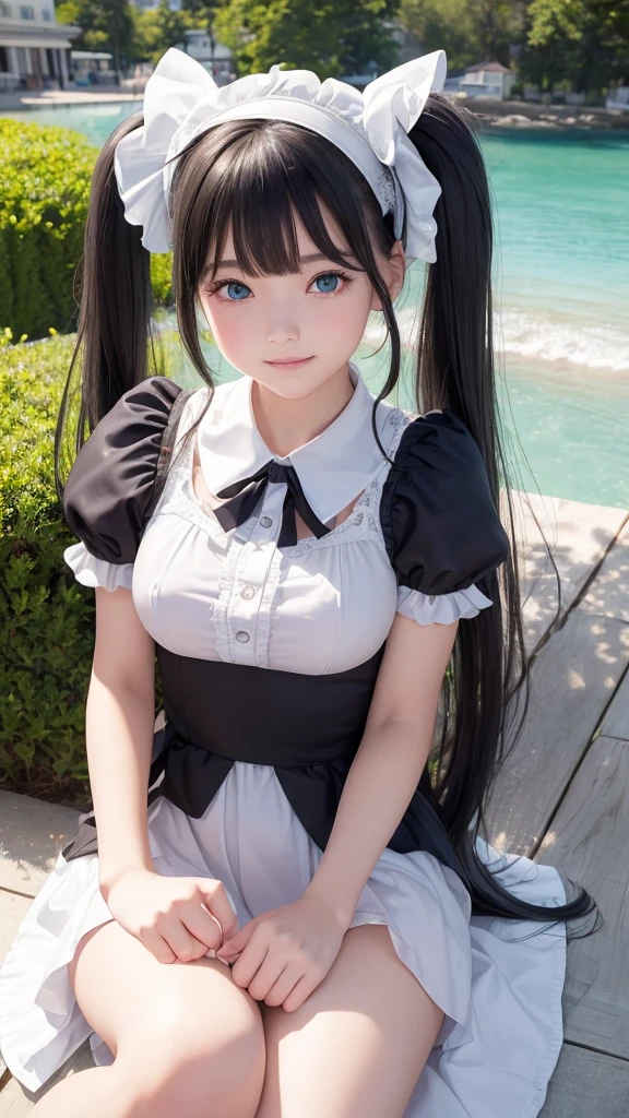 ((masterpiece)), ((highest quality、Ultra high definition)), (Very detailed),8K、Photo quality、((Amazingly cute girl)),-yeld gi), Two people, , (Beautiful emerald blue eyes), ((smile)),In the open-air bath overlooking the sea, Beautifully arranged black hair in twin tails、whole body、Cute lolita maid style swimsuit))、Professional Lighting、(White lace knee-highore detailed and beautiful)、(More details and cutenesore realistic)、(((Just wear light clothing)))、プールではしゃぐ、