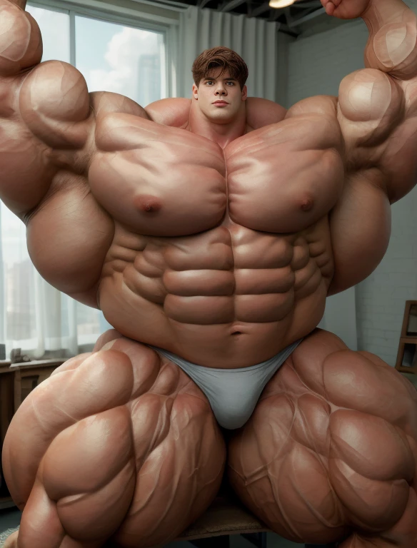 1boy, giant, giant bodybuilder, stand, illuminating light, strong body, bulk, large size, staring, armpit, in the white photo studio room, nude, jute triangular underwear, prominent bulge, extraordinary big, brutalmass, giant, muscular body, bulk, buff, massive body, large meaty body size, extremely wide body