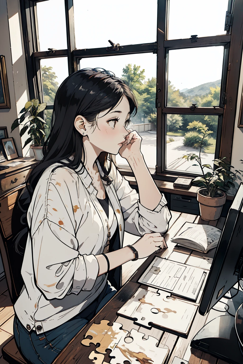 ((best qualityer)), ((work of art)), (detailded), woman searching, woman in front of the computer, woman typing in front of the computer, puzzle, pondering, hall, tabletop, glass of wine, books in the background, paintings on the wall, puzzle, lustre na hall, classic window, rustic house, cozily, ornamental plants, mulher pondering