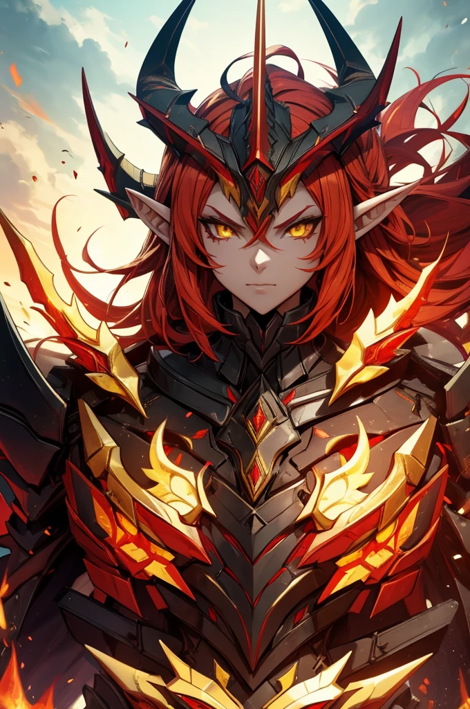 female elf dragonoid knight, pointy ears, skin dracônic scales, adorned full plate armor, Yellow eyes, fire red hair, Adorned black cape, full body art full deatailed, majestic dragon horns.