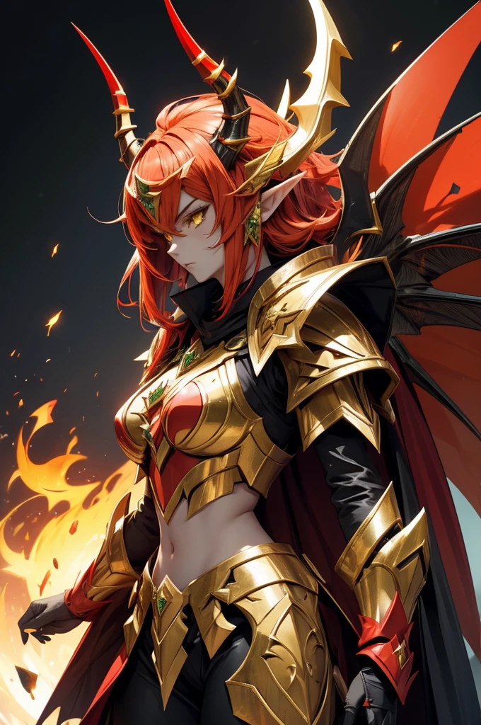 female elf dragonoid knight, pointy ears, skin dracônic scales, adorned full plate armor, Yellow eyes, fire red hair, Adorned black cape, full body art full deatailed, majestic dragon horns.