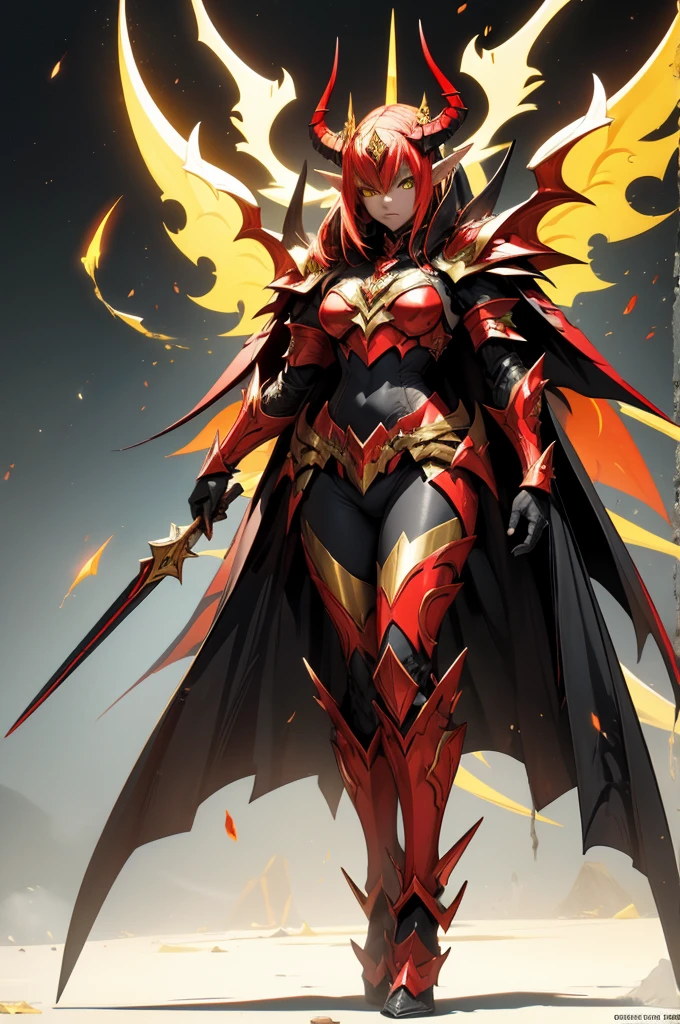 female elf dragonoid knight, pointy ears, skin dracônic scales, adorned full plate armor, Yellow eyes, fire red hair, Adorned black cape, full body art full deatailed, majestic dragon horns.