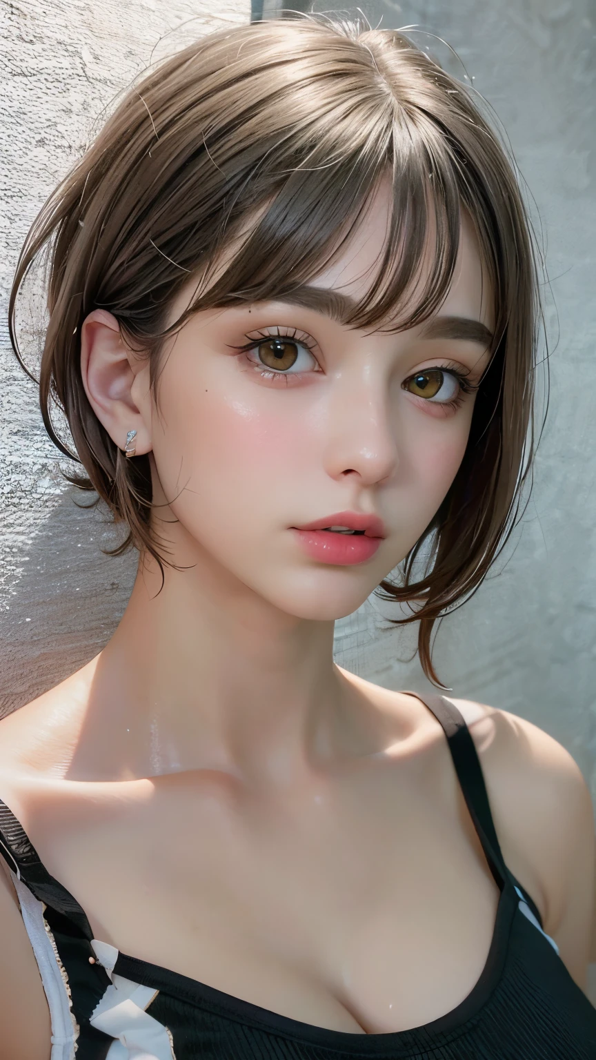 Masterpiece hyperrealist & Photorealistic beautiful girl, Realistic Skin (Pore-filled skin) Short Bob Cut Hair, Realistic red lips,Punk Girl, (head shot:1.5),Shorts